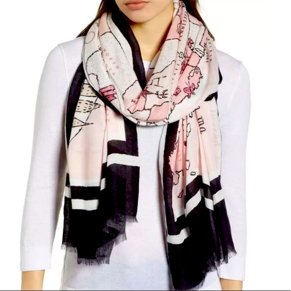Kate spade USA America states map travel theme scarf black pink - Picture 2 of 6
